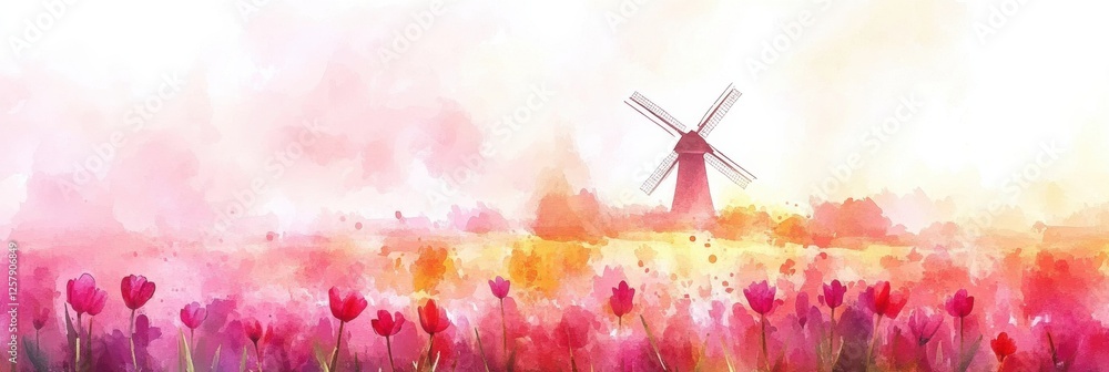 Poster explore vibrant watercolor tulip fields with a charming windmill in springtime scenery. generative a