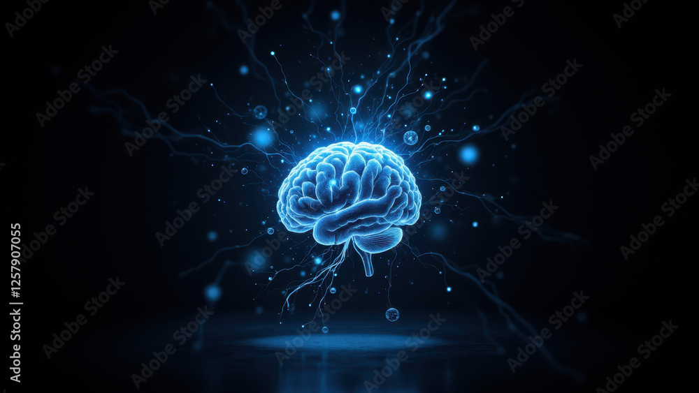 Poster a futuristic ai brain with lightning bolts and energy waves emanating from it.