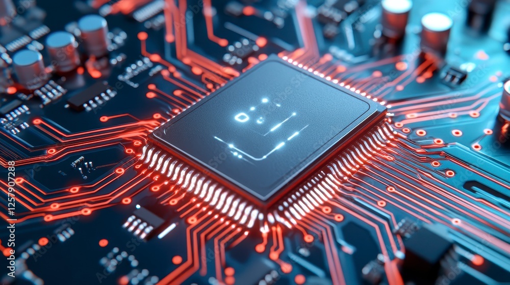 Poster close up view of a central processing unit chip on a circuit board, showcasing intricate network of 