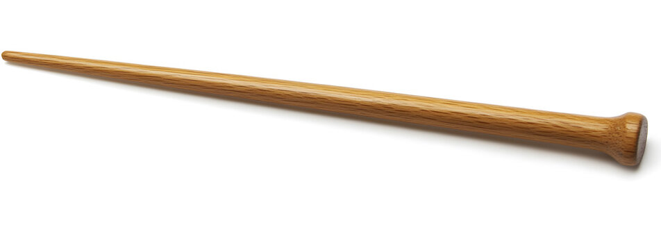 A single wooden knitting needle, isolated on a white background with no shadows or reflections. The wood is light brown and straight at the top with two slender, tapered ends that flare out 