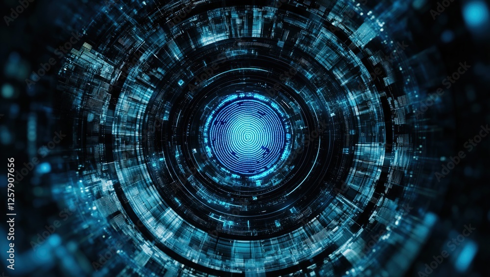 Poster digital data streams visualized: abstract futuristic technology rotating in cyberspace