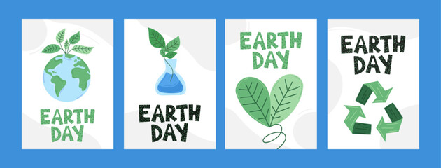 Earth Day greeting card set with eco-friendly designs including globe with leaves, plant in flask, heart-shaped leaf and recycling icon. Flat illustration in save ecological green planet concept.