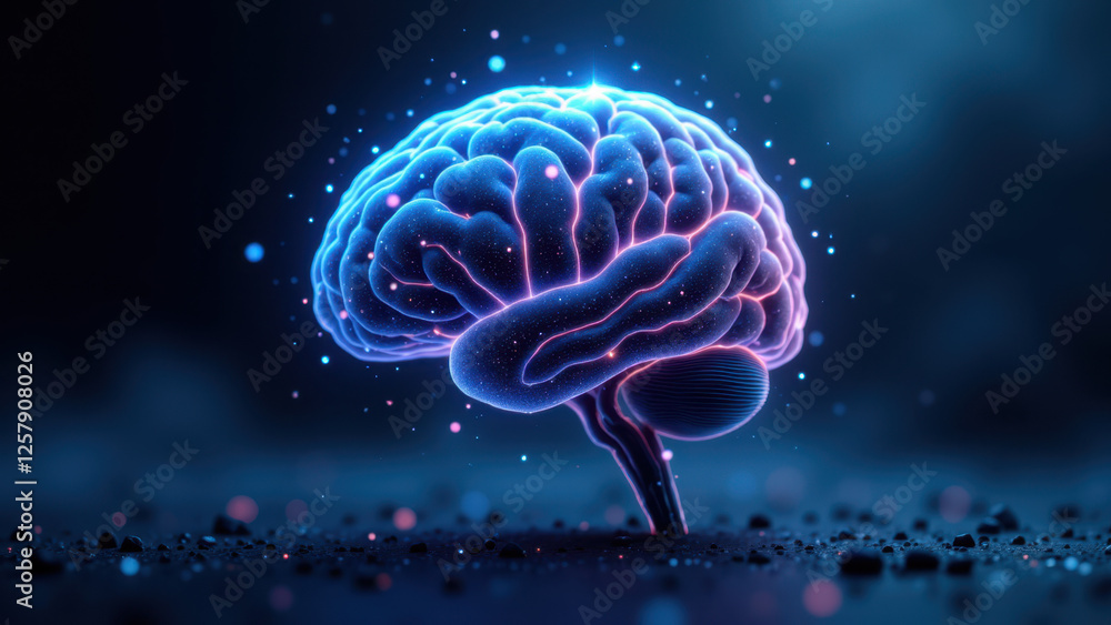 Poster brain with glowing ai circuitry on dark background.