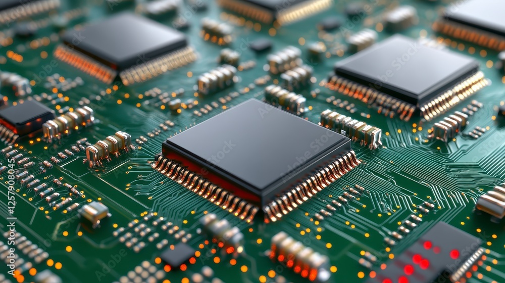 Poster close up view of complex circuit board, featuring numerous dark gray square integrated circuits arra