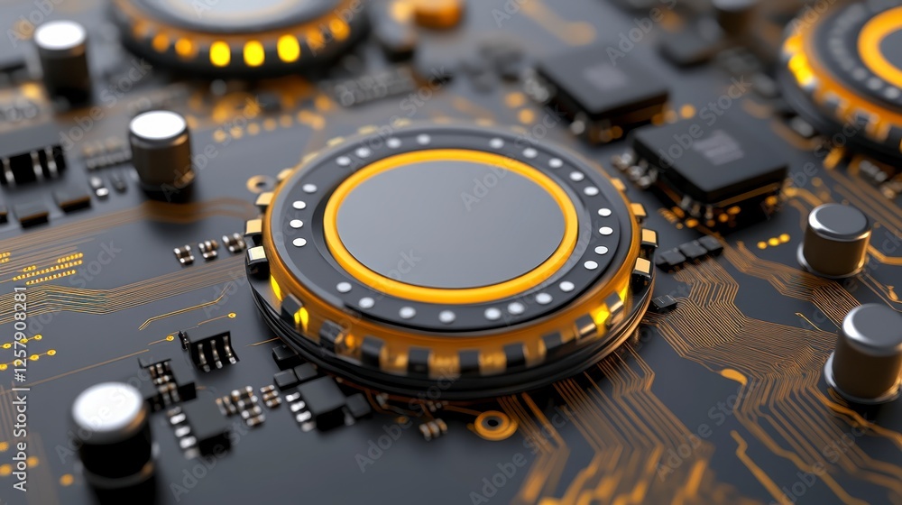 Poster close up view of circuit board with illuminated, round components. dark gray circuit traces are visi