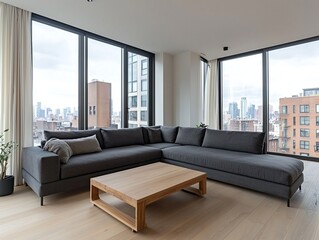 A modern minimalist interior design of a residential living room with windows visible and dark gray sofas and tables. Generative AI
