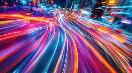 Traffic congestion in LA's financial district, long exposure shot creating vibrant light trails