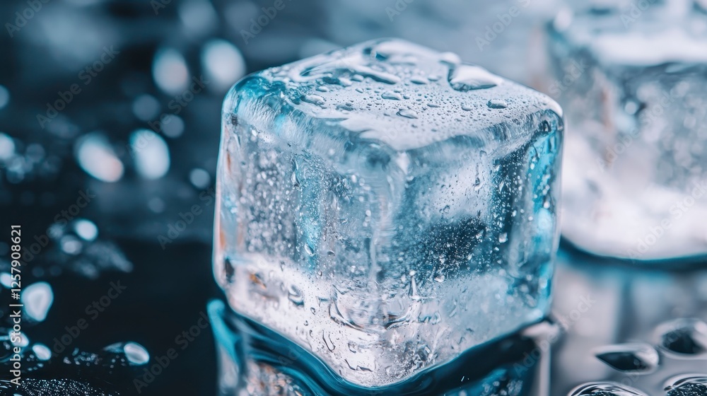 Poster close up view of two ice cubes with water droplets on a dark reflective surface. the ice cubes are c