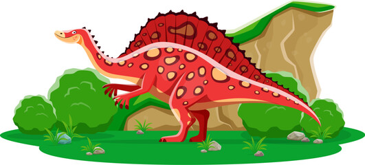 Ouranosaurus prehistoric dinosaur cartoon character. Isolated vector sail-backed friendly herbivore reptile animal in natural environment with greenery and rock. Early Cretaceous ancient era lizard