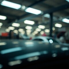 Fototapeta premium The abstract blurry image depicts a blurred car garage interior a blurred mechanic service center and a blurry car care station background Bokeh light lights background bokeh abstract light br
