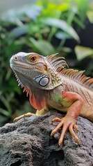 Fototapeta premium Close-up of a colorful iguana perched on a rock, showcasing its detailed scales and vivid hues against a blurred green background.