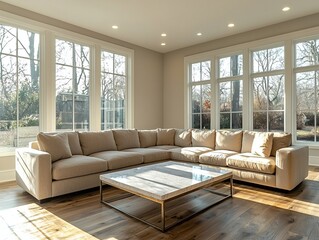 Obraz premium Modern minimalist interiors in residential living rooms with corner sofas and tables. Generative AI 