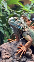 Obraz premium Colorful iguana with striking scales rests on a rock, surrounded by lush green foliage in a jungle environment.