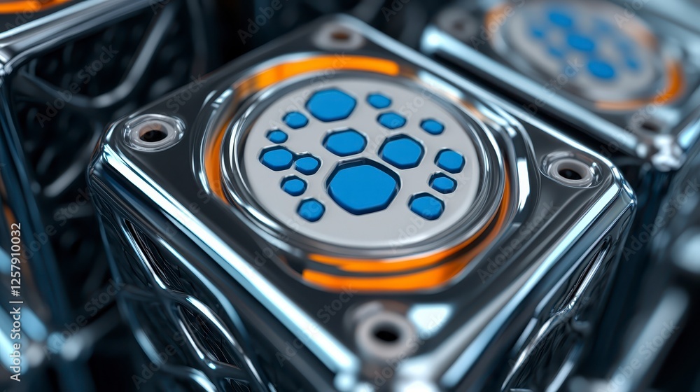 Poster close up view of many metallic chrome square boxes, each with a circular, light gray emblem containi