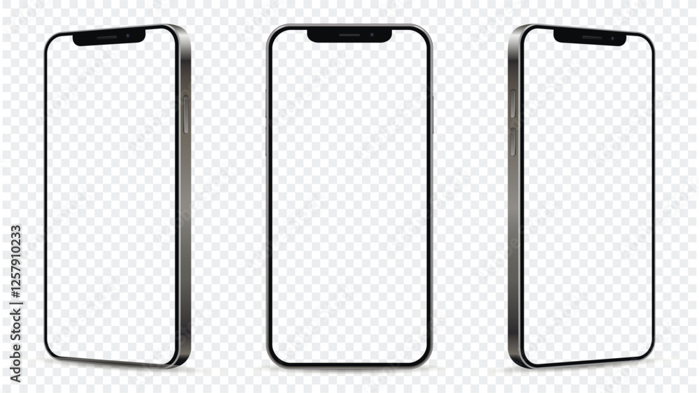 Poster three smartphones with empty transparent screens. mobile phone isolated on transparent background