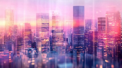 Fototapeta premium Urban skyline with surreal glowing office buildings, pink and purple hues