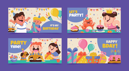 Birthday celebration horizontal cards in flat style