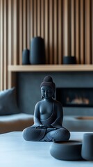 • A petite bronze Guan Yin statue, capturing a compassionate expression and flowing robes, stands upright on a shining white surface. The bright, uniform lighting accentuates the statue’s gentle 