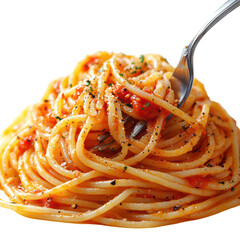 spaghetti with sauce in fork isolated on transparent background