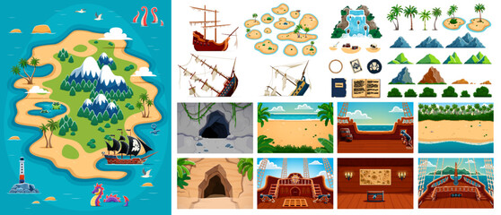 Pirate game assets with sunken ships, tropical treasure island, ship deck and landscape details. Pirate game vector elements and assets set, cartoon treasure map, chest, buccaneer cave and black spot © Vector Tradition