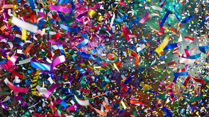 A festive, abstract background of colorful bokeh and confetti.