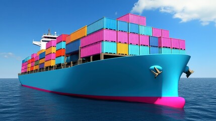 Full view of a brightly colored cargo ship on a placid ocean. The ship is loaded with various colorful containers, against a clear, light blue sky
