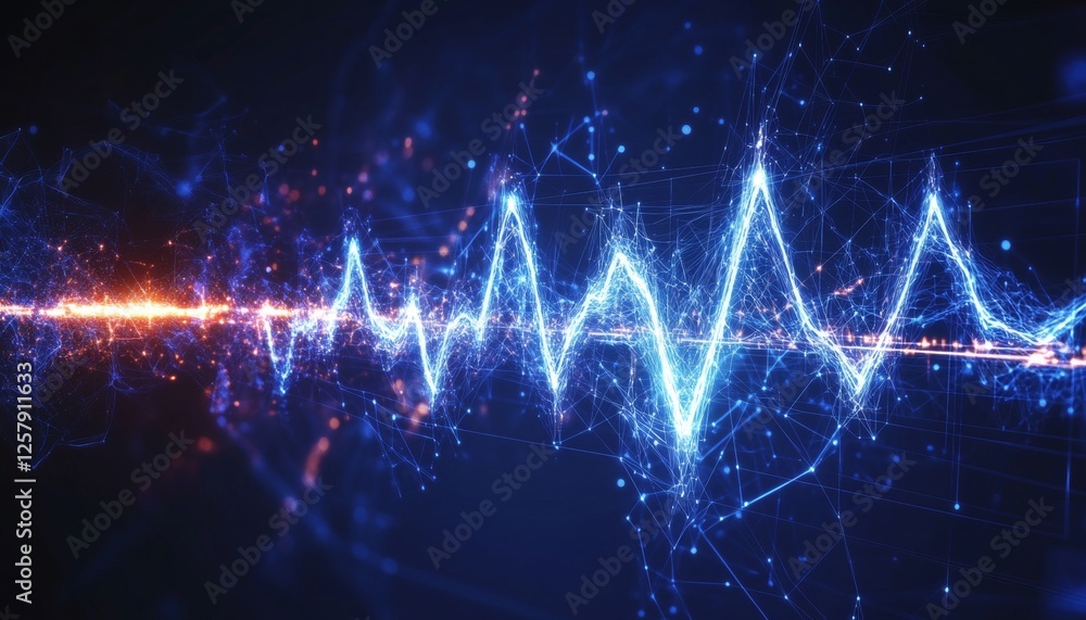 Poster abstract technological waveform, blue line graph of data flow, visualization on dark background