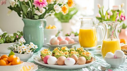 An Easter brunch table filled with deviled eggs, avocado toast, and a pitcher of fresh orange juice, styled with pastel decorations