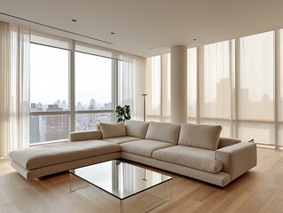 Fototapeta premium A modern minimalist interior design of an apartment living room with a large window and sofa and table. Generative AI 