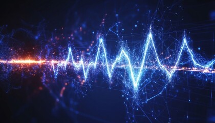Abstract Technological Waveform, Blue Line Graph of Data Flow, Visualization on Dark Background
