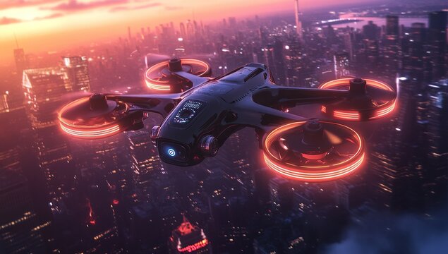Drone Flight Over City at Sunset: Aerial View of Urban Landscape with Futuristic Technology
