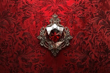 Fototapeta premium Red gem in ornate setting against damask background