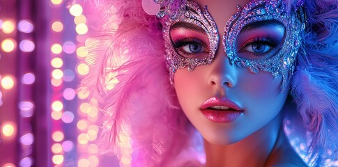 Naklejka premium Close-up portrait of a woman with blue eyes, glitter makeup, and vibrant feathered headdress in rich colors Generative AI