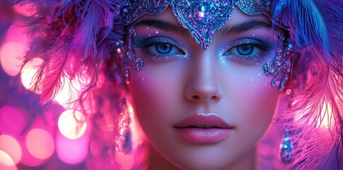 Obraz premium Close-up portrait of a woman with blue eyes, glitter makeup, and vibrant feathered headdress in rich colors Generative AI