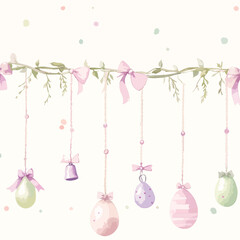 Watercolor Easter Garland with Hanging Pastel Eggs, Ribbons, Bows, Greenery, Bells, and Spring Festive Holiday Decoration Design	