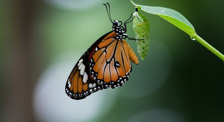 Monarch Butterfly Emerging From Chrysalis on Green Leaf in Nature