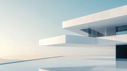 Obraz premium White minimalist office building with a hovering rooftop structure, futuristic look