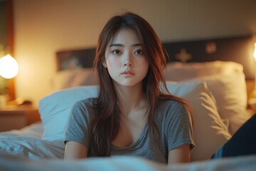 Young Asian unhappy girl sitting on the edge of the bed, against her boyfriend, lying in bed
