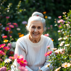 An elderly woman with gray hair in a bun, wearing a knitted sweater, smiling brightly while sitting in her garden filled with flowers.