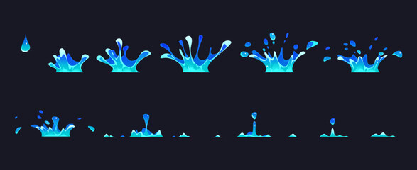 Corona water splash animated sprite sheet for VFX effect, vector cartoon animation. Water drop falling with corona splash in motion for video FX sprite sheet and animated frame of cartoon splashing
