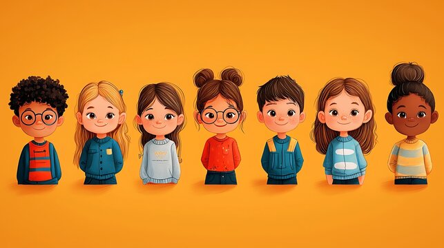 Smiling children are illustrated in a flat design style, their diverse appearances and happy expressions making for a cheerful group portrait.