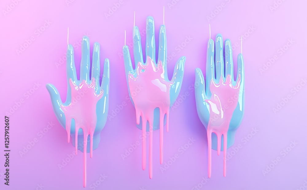 Poster abstract 3d futuristic poster depicting holographic hands with a dynamic dripping chromatic gradient