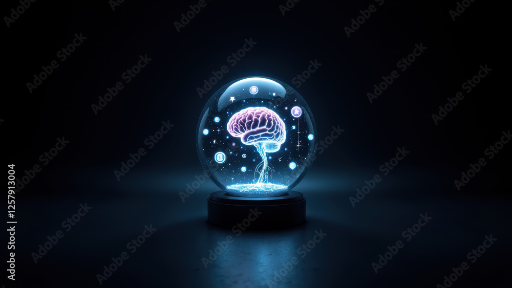 Poster a glowing ai neuron model encapsulated within a glass sphere.