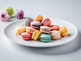 Macarons in pastel colors arranged elegantly on a white plate