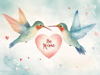 Obraz premium Romantic watercolor hummingbirds with heart and love message 