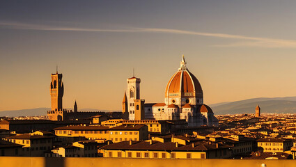 Fototapeta premium majestic shot of the Florence skyline at golden hour, with the sun casting a warm glow over the city, the Duomo standing tall against the sky