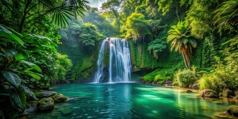 Fototapeta premium Dense foliage surrounds the crystal-clear waters of a secluded waterfall in a lush jungle setting, nature, serene, nature