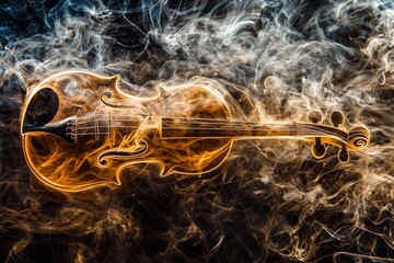 Fiery violin surrounded by swirling smoke art.