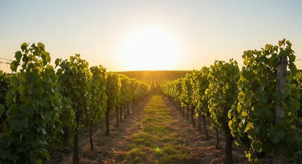 Fototapeta premium Vineyard at Sunset Rows of Grapevines with Warm Sunlight and Sky
