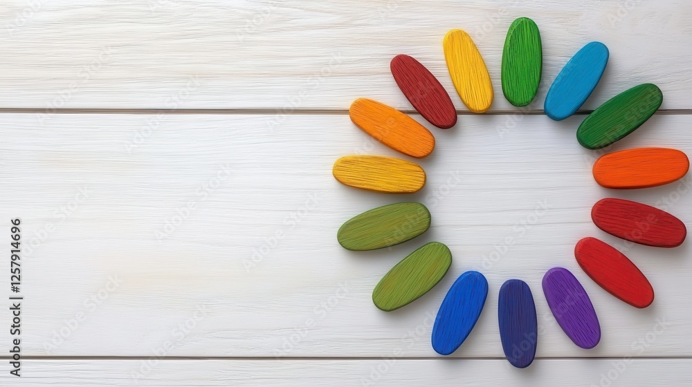 Poster colorful oval shaped objects arranged in a circular pattern on a white wooden surface, displaying a 